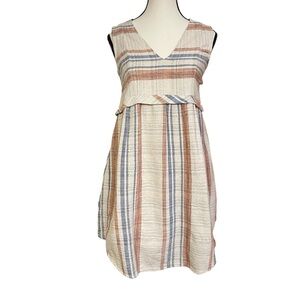 Maijie Dress Tan and Blue Stripe V-Neck Sleeveless Vintage Look Midi Textured XS
